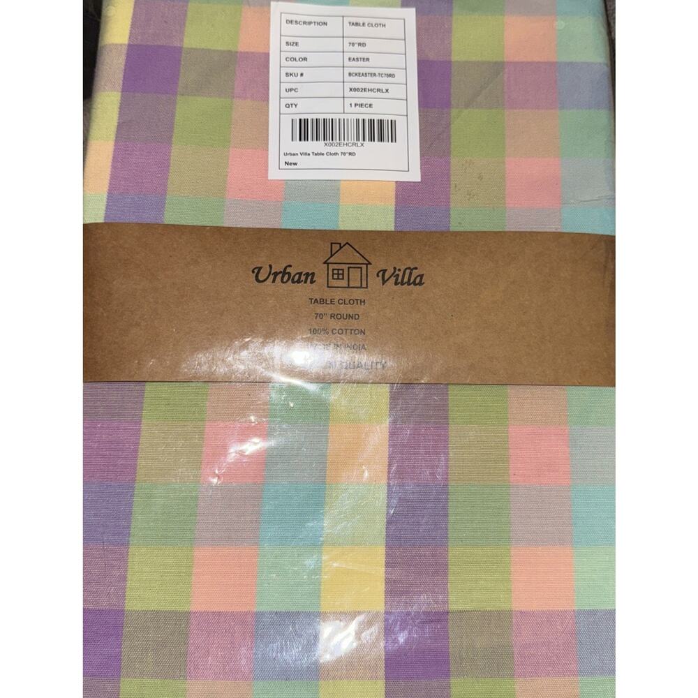 Urban Villa Pastel Check Tablecloth 100% Cotton 70" Round NIP